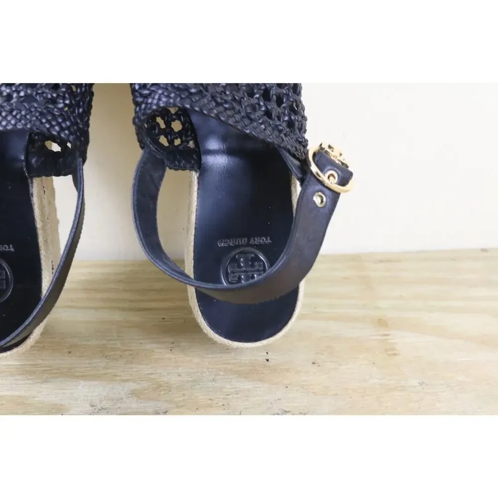 Tory Burch Shoes Womens 9.5M Black Leather Dandy Espadrille Platform Sandals